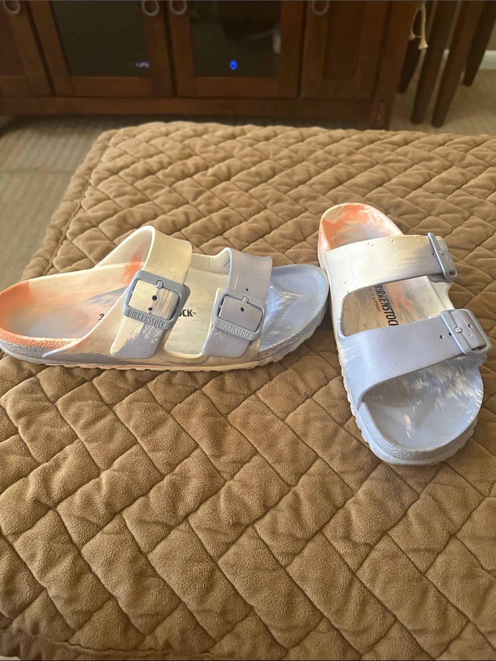 Birkenstock White Double Strap EVA Slide Sandals with Peach Accent